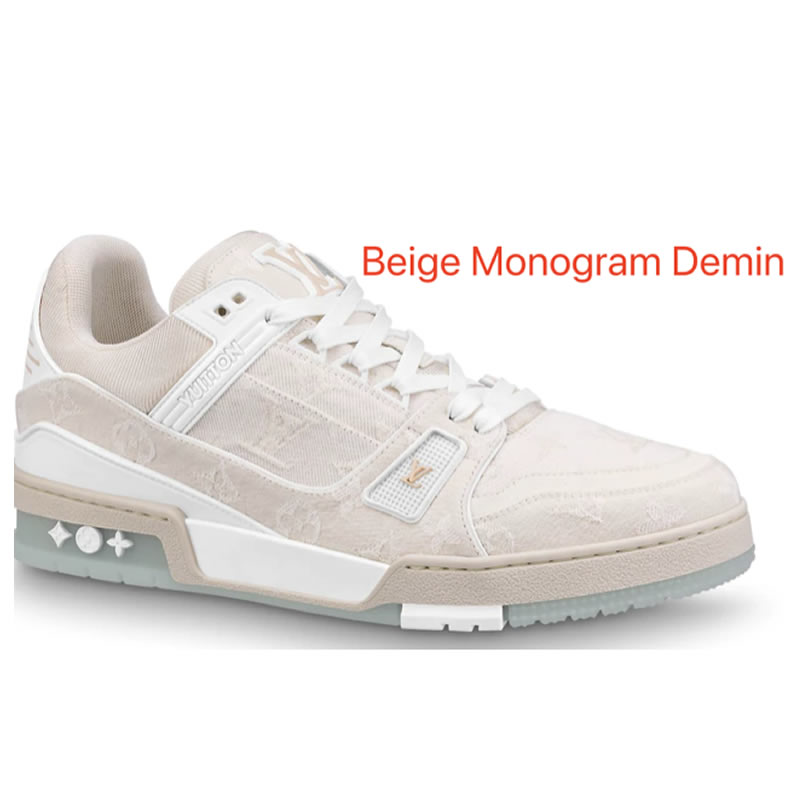 New L V Trainer Sneaker Shoes Beige Monogram Demin (1) - newkick.cc