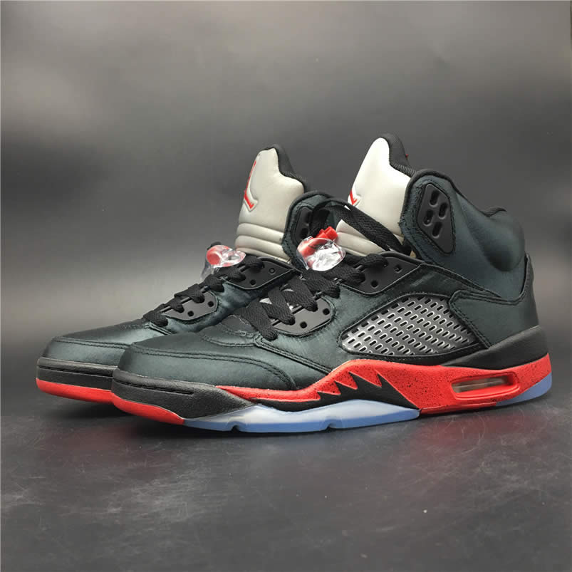 Air Jordan 5 Satin Bred Black University Red For Sale On Feet Outfit 136027 006 (1) - newkick.cc