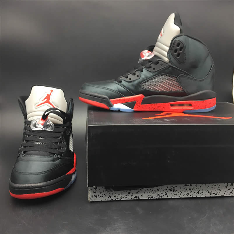 Air Jordan 5 Satin Bred Black University Red For Sale On Feet Outfit 136027 006 (11) - newkick.cc