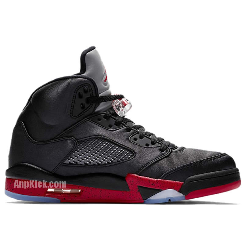 Air Jordan 5 Satin Bred Black University Red On Feet Outfit 136027 006 (2) - newkick.cc