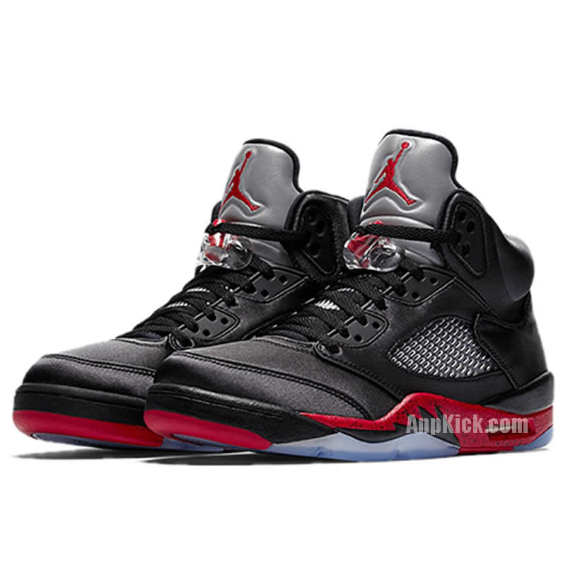 Air Jordan 5 Satin Bred Black University Red On Feet Outfit 136027 006 (3) - newkick.cc