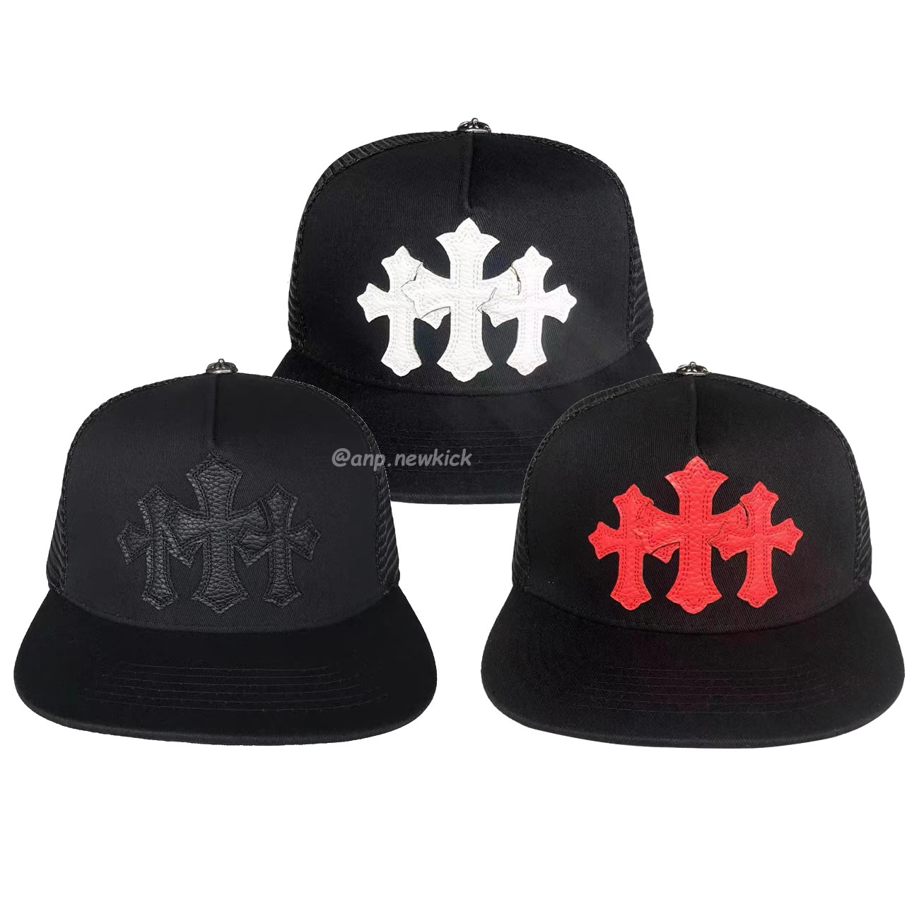 Chrome Hearts Tri Cross Black White Red Trucker Hat (1) - newkick.cc