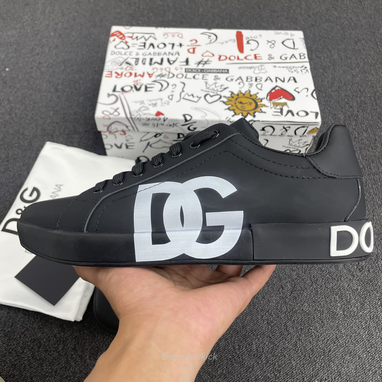 Dolce Gabbana Dg Logo Print Portofino Napa Calf Leather Sneakers (22) - newkick.cc