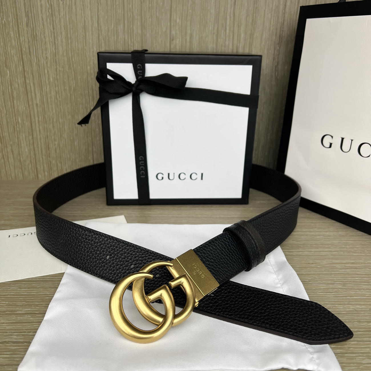 Gucci Double G Logo Full Grain Reversible Belt Leather Black Brown (10) - newkick.cc