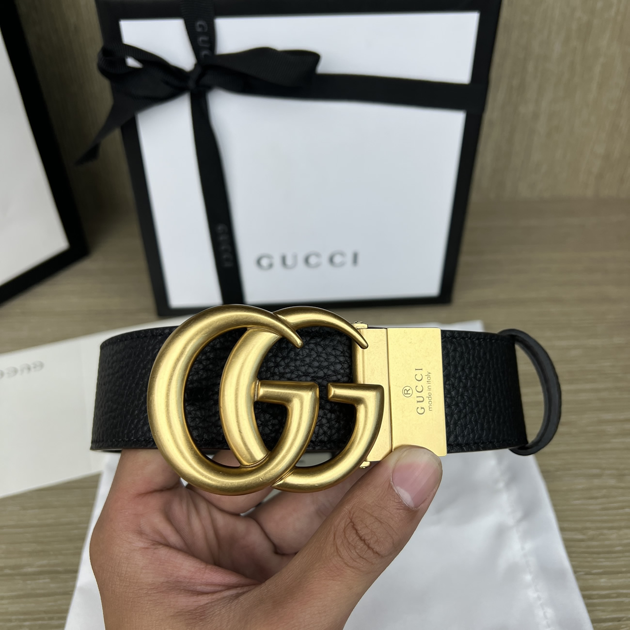 Gucci Double G Logo Full Grain Reversible Belt Leather Black Brown (11) - newkick.cc