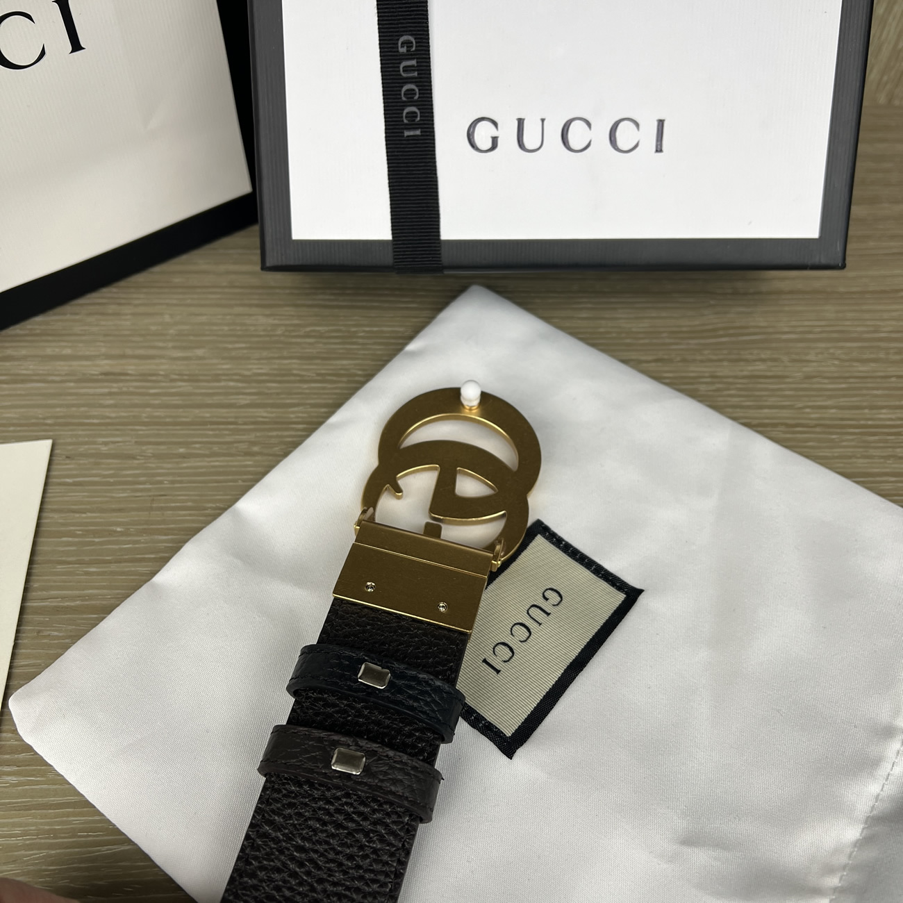 Gucci Double G Logo Full Grain Reversible Belt Leather Black Brown (12) - newkick.cc