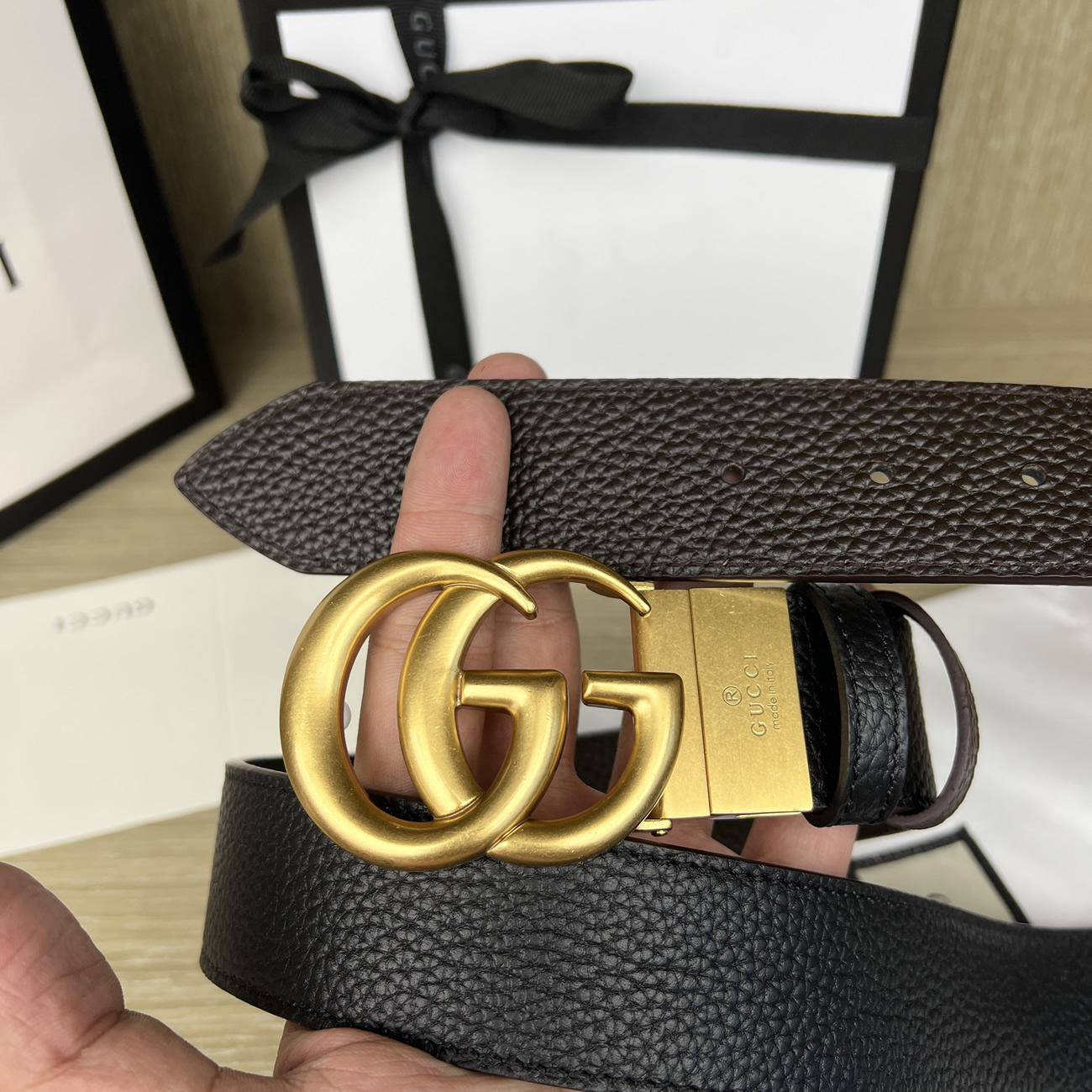 Gucci Double G Logo Full Grain Reversible Belt Leather Black Brown (3) - newkick.cc