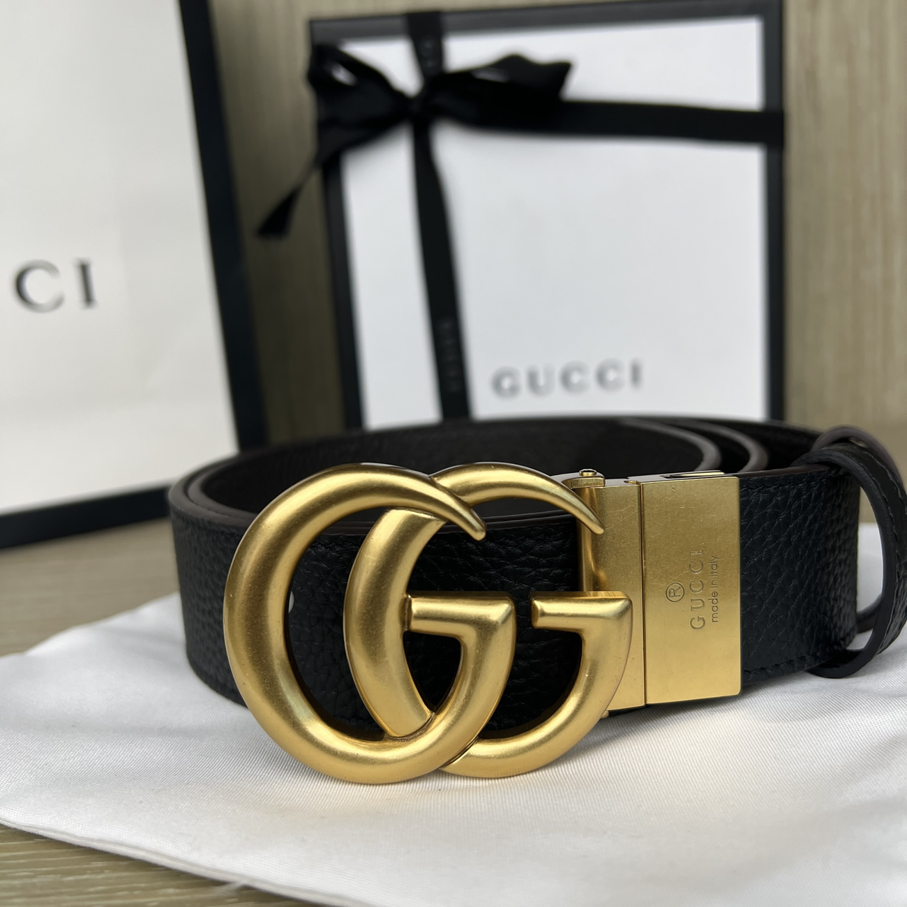 Gucci Double G Logo Full Grain Reversible Belt Leather Black Brown (6) - newkick.cc