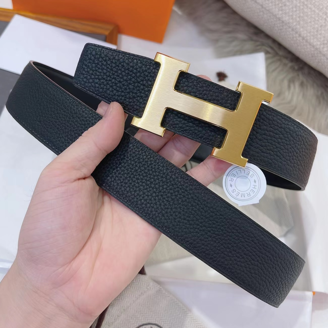 Hermes Full Grain Reversible Belt Leather Black (12) - newkick.cc