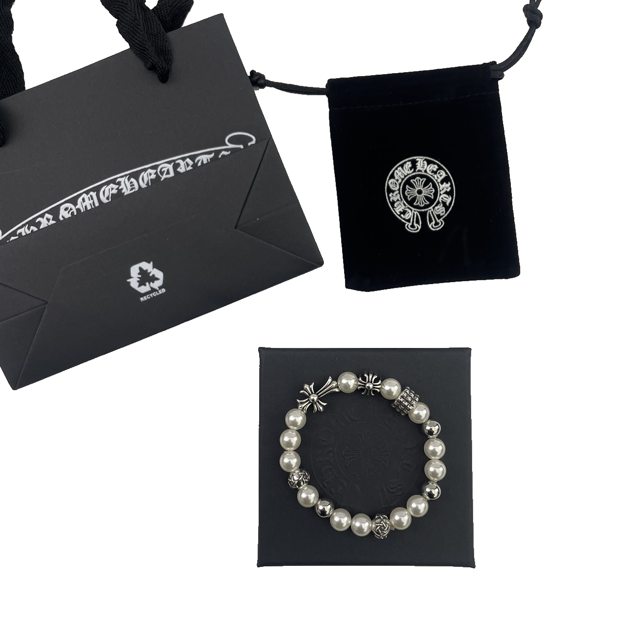 Chrome Hearts Pearl Silver Cross Flower Letter Ball Bracelet (1) - newkick.cc