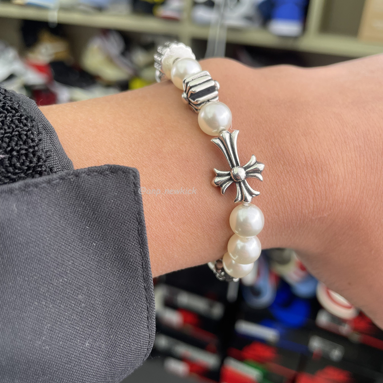 Chrome Hearts Pearl Silver Cross Flower Letter Ball Bracelet (10) - newkick.cc