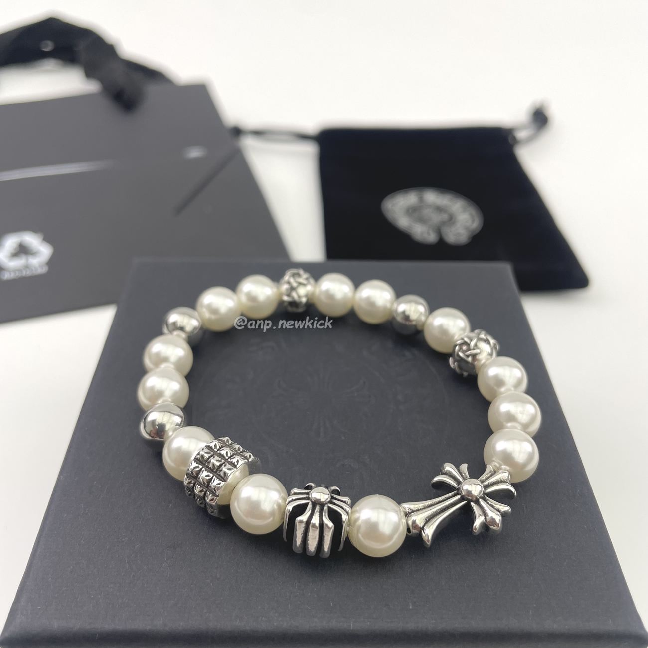 Chrome Hearts Pearl Silver Cross Flower Letter Ball Bracelet (9) - newkick.cc