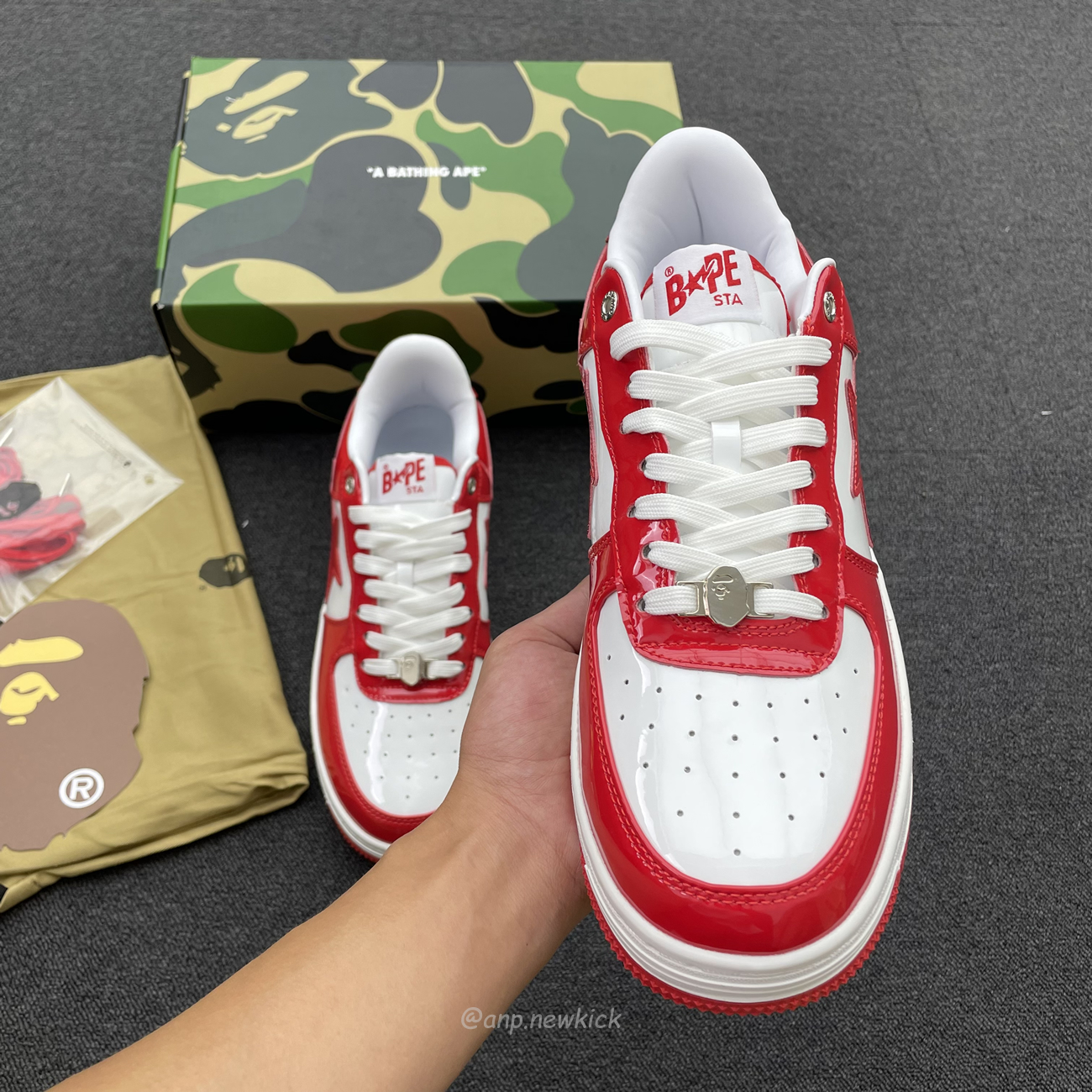 A Bathing Ape Bape Sta Patent Leather White Red 1i70 291 021 (5) - newkick.cc