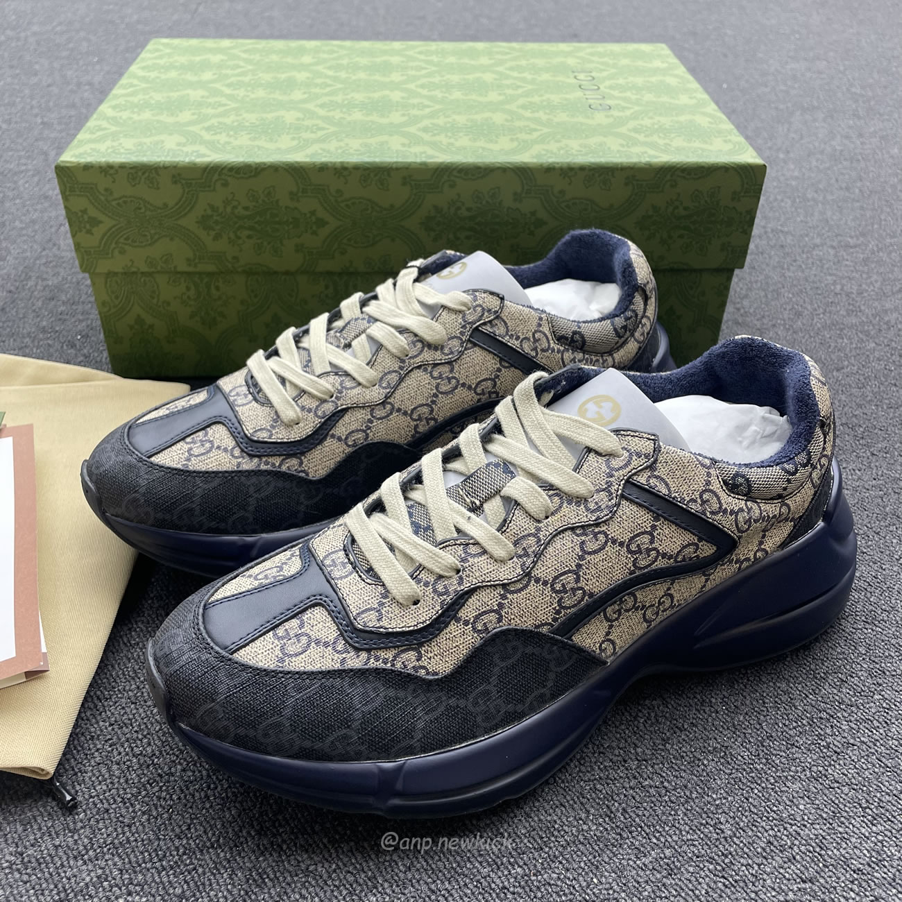 Gucci Blue Rhyton Gg Print Leather And Canvas Sneakers (4) - newkick.cc