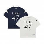 DIOR Wide body bamboo pure cotton plain weave fabric T-shirt White Navy