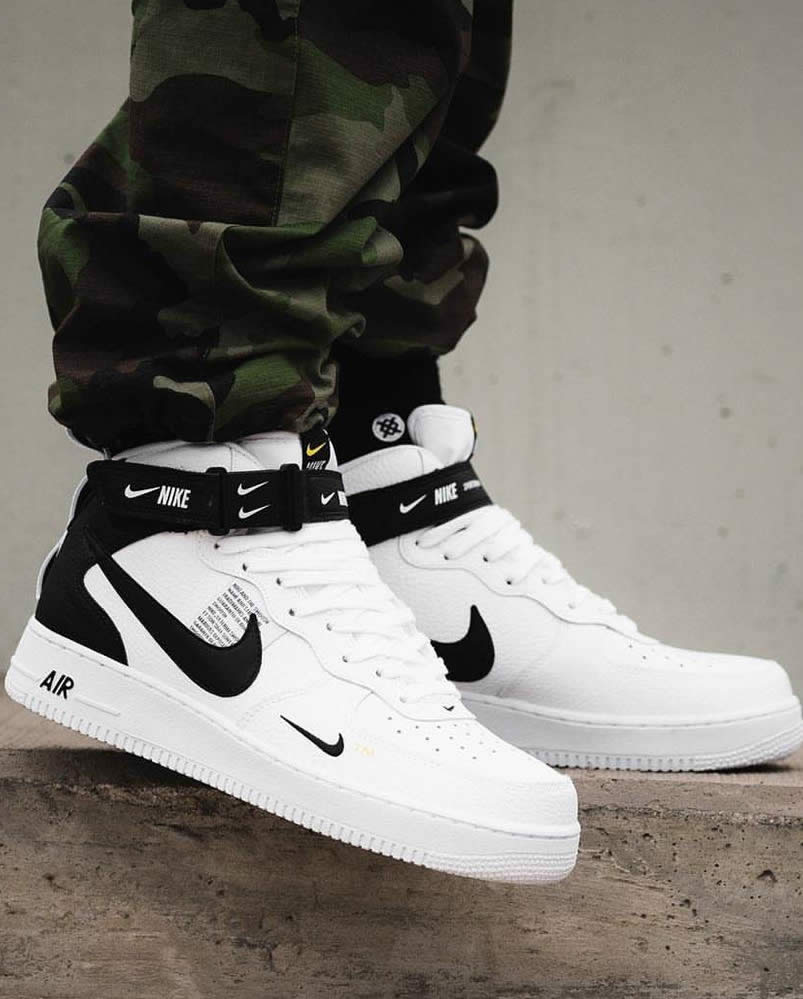 Nike Air Force 1 Mid 07 LV8 Utility White Black Shoes On Feet 804609-103